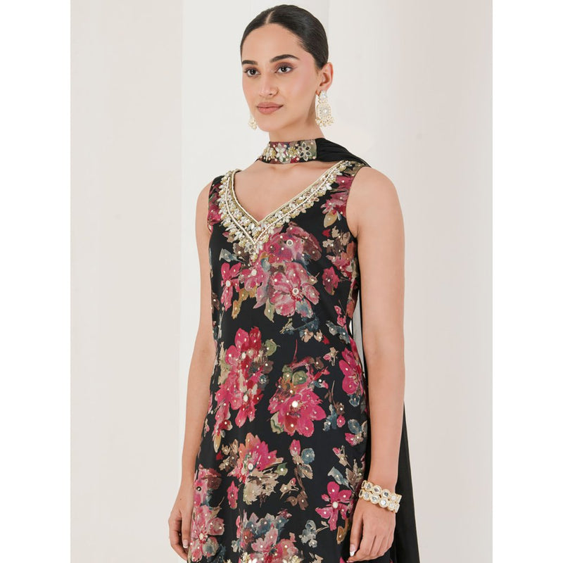 Maive Black Floral Print Embroidered Sharara with Kurta and Dupatta (Set of 3)