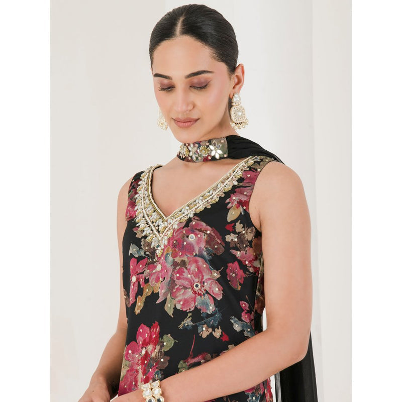 Maive Black Floral Print Embroidered Sharara with Kurta and Dupatta (Set of 3)