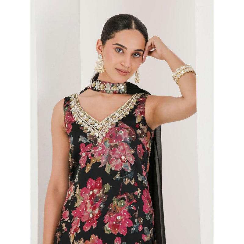 Maive Black Floral Print Embroidered Sharara with Kurta and Dupatta (Set of 3)
