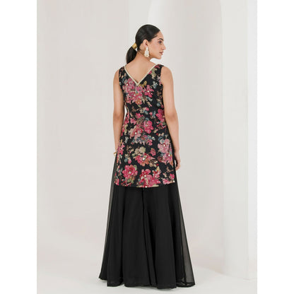 Maive Black Floral Print Embroidered Sharara with Kurta and Dupatta (Set of 3)