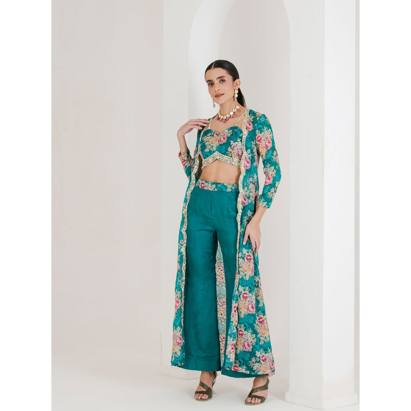 Maive Teal Floral Print Jacket with Crop Top and Pant (Set of 3)