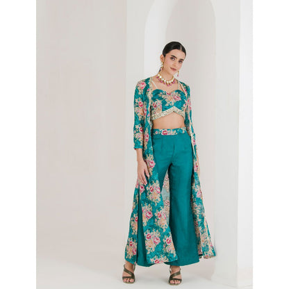 Maive Teal Floral Print Jacket with Crop Top and Pant (Set of 3)
