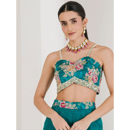 Maive Teal Floral Print Jacket with Crop Top and Pant (Set of 3)