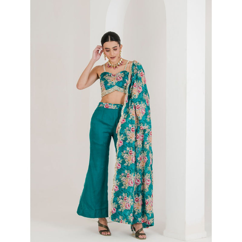 Maive Teal Floral Print Jacket with Crop Top and Pant (Set of 3)