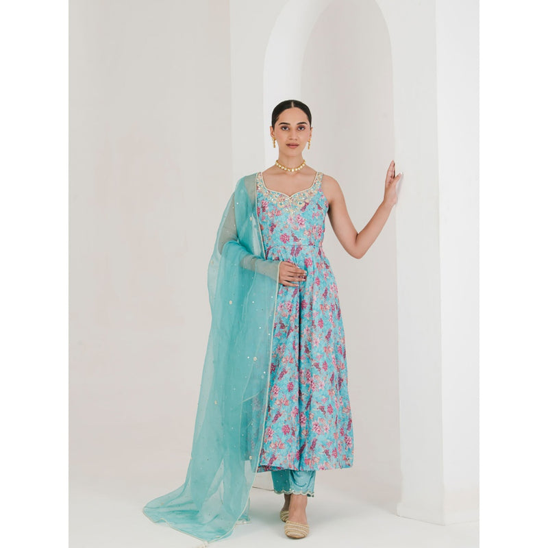 Maive Blue Print Embroidered Anarkali with Pant and Dupatta (Set of 3)