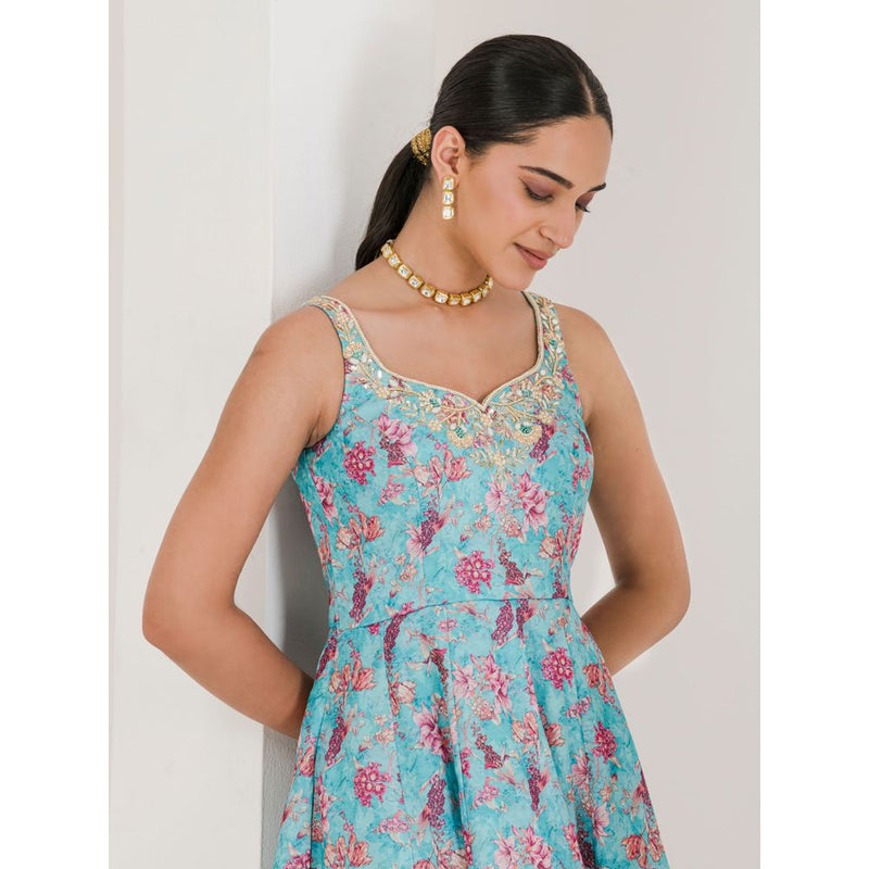 Maive Blue Print Embroidered Anarkali with Pant and Dupatta (Set of 3)
