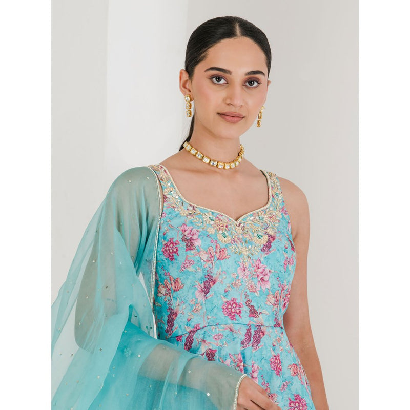 Maive Blue Print Embroidered Anarkali with Pant and Dupatta (Set of 3)