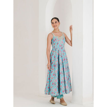 Maive Blue Print Embroidered Anarkali with Pant and Dupatta (Set of 3)