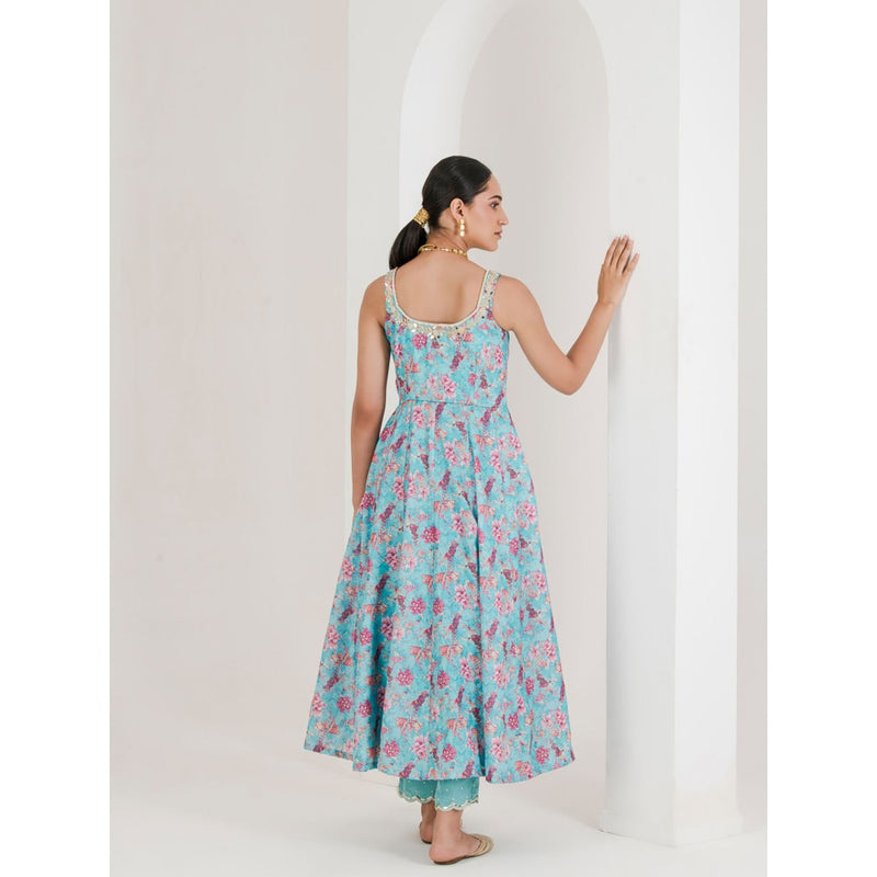 Maive Blue Print Embroidered Anarkali with Pant and Dupatta (Set of 3)