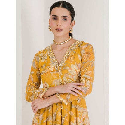 Maive Yellow Print Hand Embroidered Anarkali with Pant and Dupatta (Set of 3)