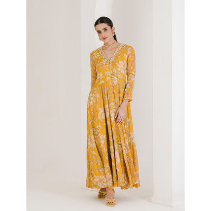 Maive Yellow Print Hand Embroidered Anarkali with Pant and Dupatta (Set of 3)