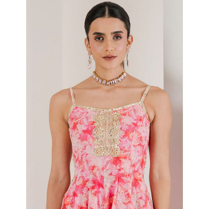 Maive Pink Print Hand Embroidered Anarkali with Pant and Dupatta (Set of 3)