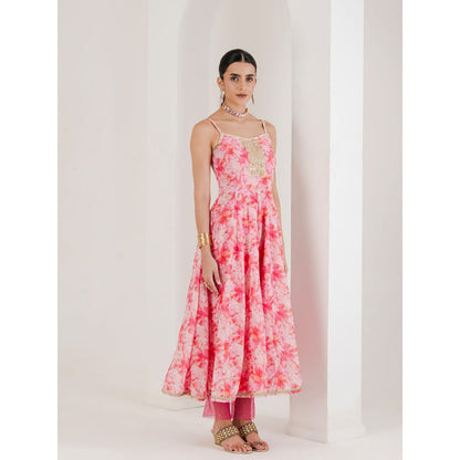 Maive Pink Print Hand Embroidered Anarkali with Pant and Dupatta (Set of 3)