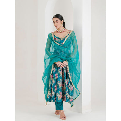 Maive Green Floral Print Anarkali with Pant and Dupatta (Set of 3)