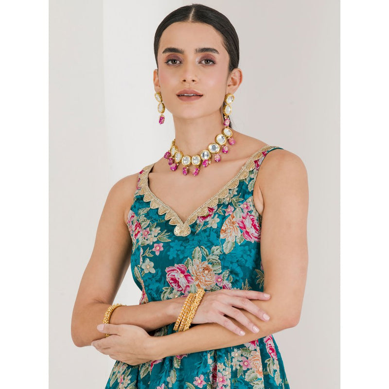 Maive Green Floral Print Anarkali with Pant and Dupatta (Set of 3)