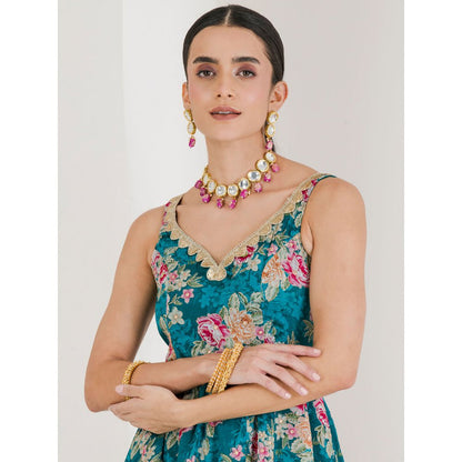 Maive Green Floral Print Anarkali with Pant and Dupatta (Set of 3)