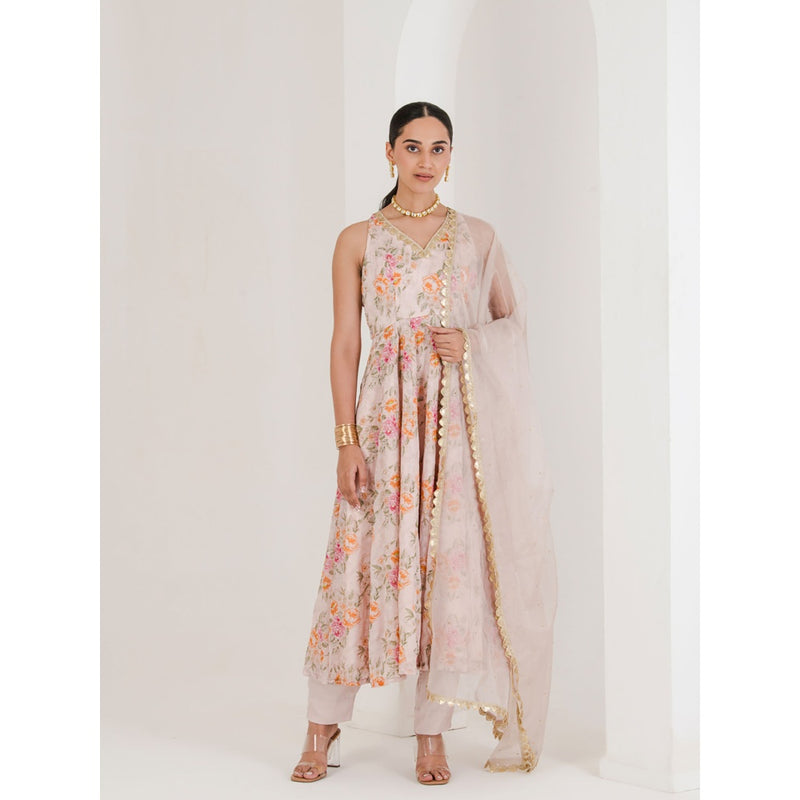 Maive Blush Pink Floral Print Anarkali with Pant and Dupatta (Set of 3)