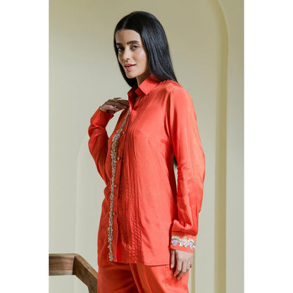 Maive Orange Hand Embroidered Modal Satin Shirt
