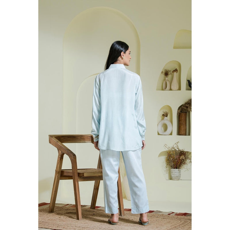 Maive Powder Blue Hand Embroidered Modal Satin Shirt