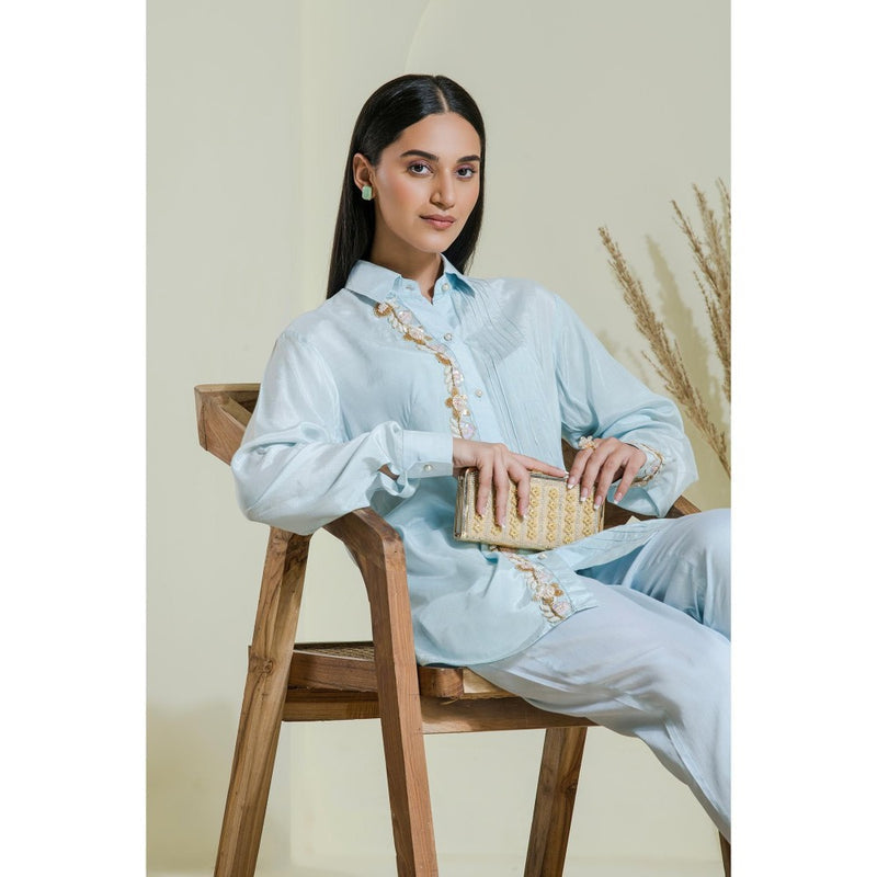Maive Powder Blue Hand Embroidered Modal Satin Shirt
