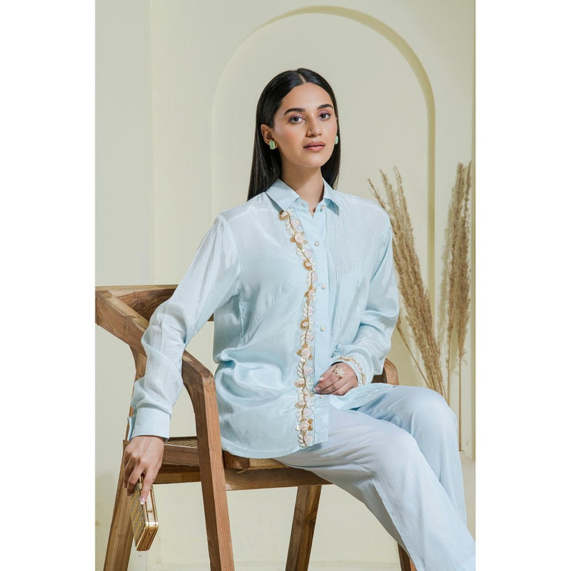 Maive Powder Blue Hand Embroidered Modal Satin Shirt