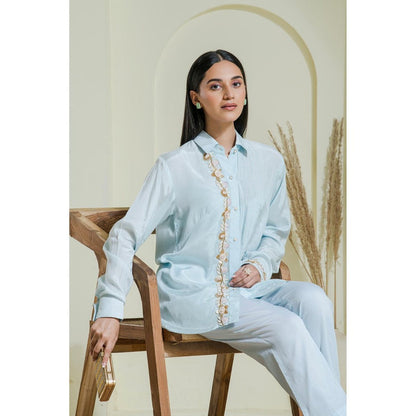 Maive Powder Blue Hand Embroidered Modal Satin Shirt
