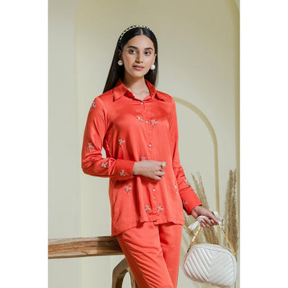 Maive Vivid Coral Hand Embroidered Modal Satin Shirt