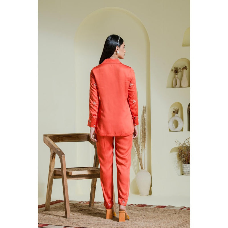 Maive Vivid Coral Hand Embroidered Modal Satin Shirt