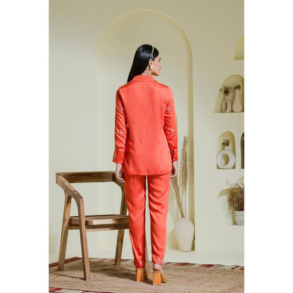 Maive Vivid Coral Hand Embroidered Modal Satin Shirt