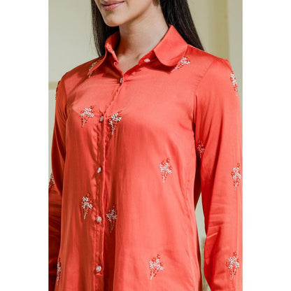 Maive Vivid Coral Hand Embroidered Modal Satin Shirt