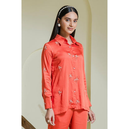 Maive Vivid Coral Hand Embroidered Modal Satin Shirt