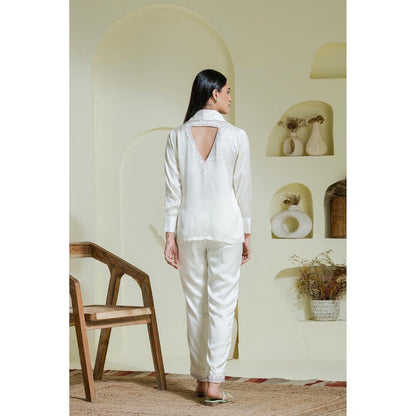 Maive White Multi Coloured Hand Embroidered Modal Satin Shirt