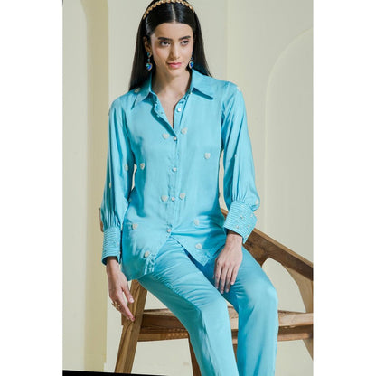 Maive Sky Blue Heart Embroidered Cotton Shirt
