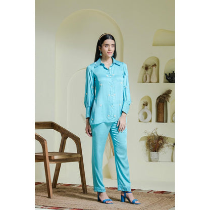 Maive Sky Blue Heart Embroidered Cotton Shirt