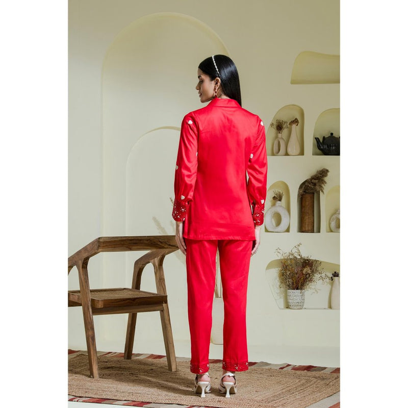 Maive Crimson Red Heart Embroidered Cotton Shirt