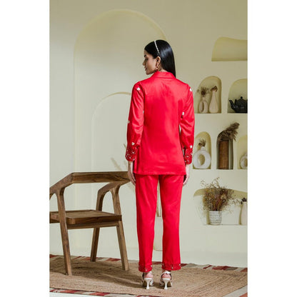 Maive Crimson Red Heart Embroidered Cotton Shirt