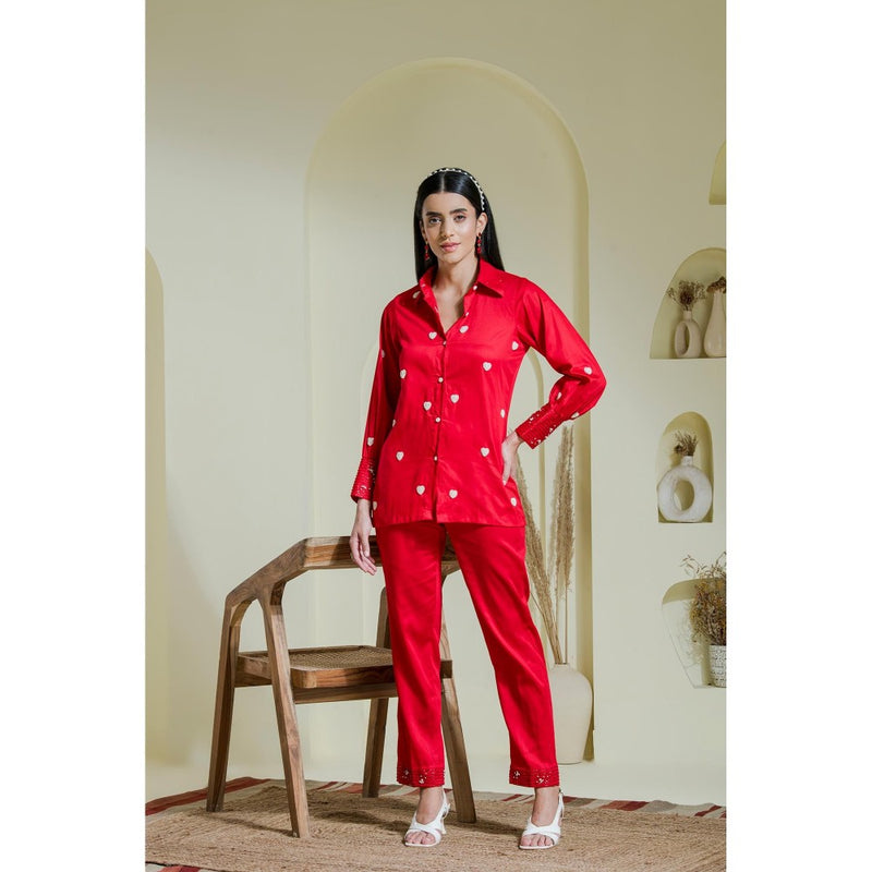 Maive Crimson Red Heart Embroidered Cotton Shirt