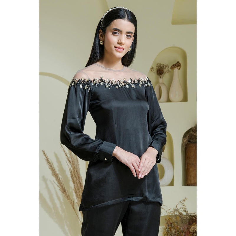 Maive Black Hand Embroidered Modal Satin Blouse