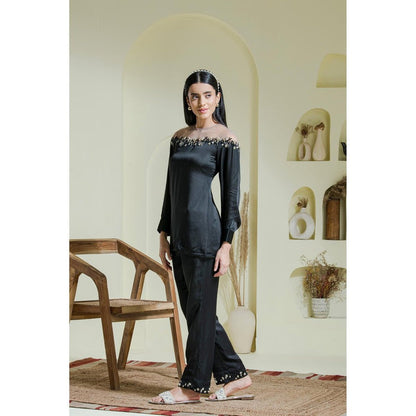 Maive Black Hand Embroidered Modal Satin Blouse