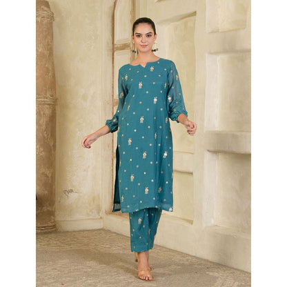 Maive Teal Blue Embroidered Chanderi Kurta with Pant (Set of 2)
