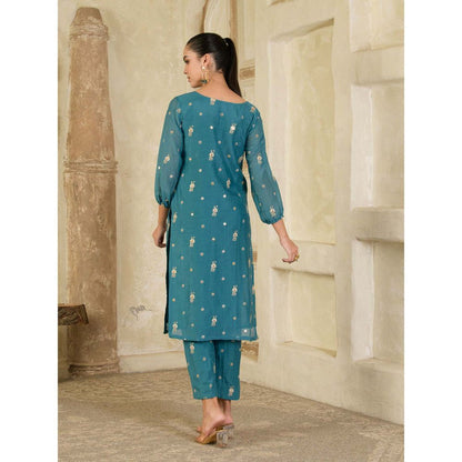 Maive Teal Blue Embroidered Chanderi Kurta with Pant (Set of 2)