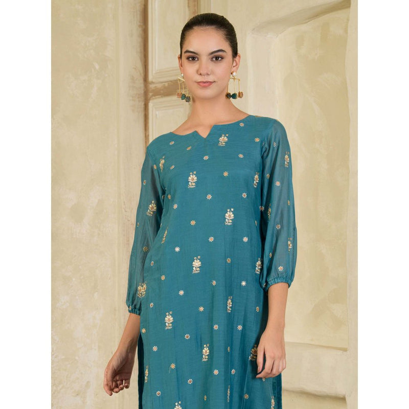 Maive Teal Blue Embroidered Chanderi Kurta with Pant (Set of 2)