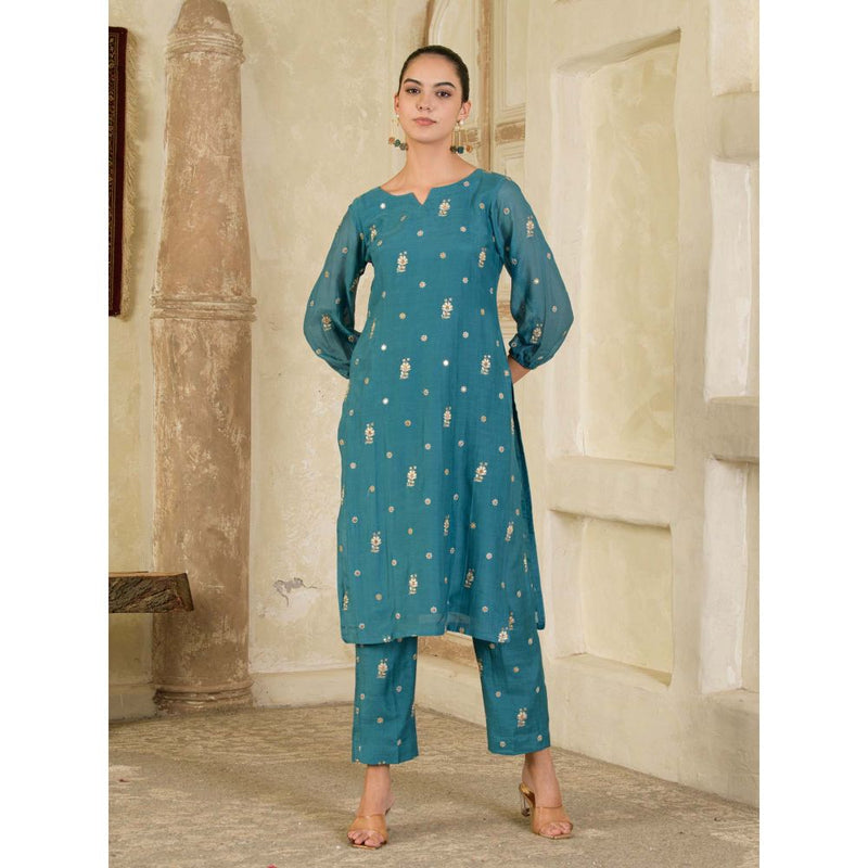 Maive Teal Blue Embroidered Chanderi Kurta with Pant (Set of 2)
