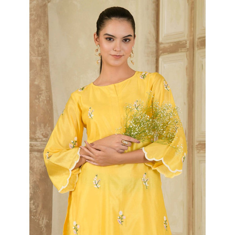 Maive Vibrant Yellow Hand Embroidered Chanderi Kurta and Pant (Set of 2)