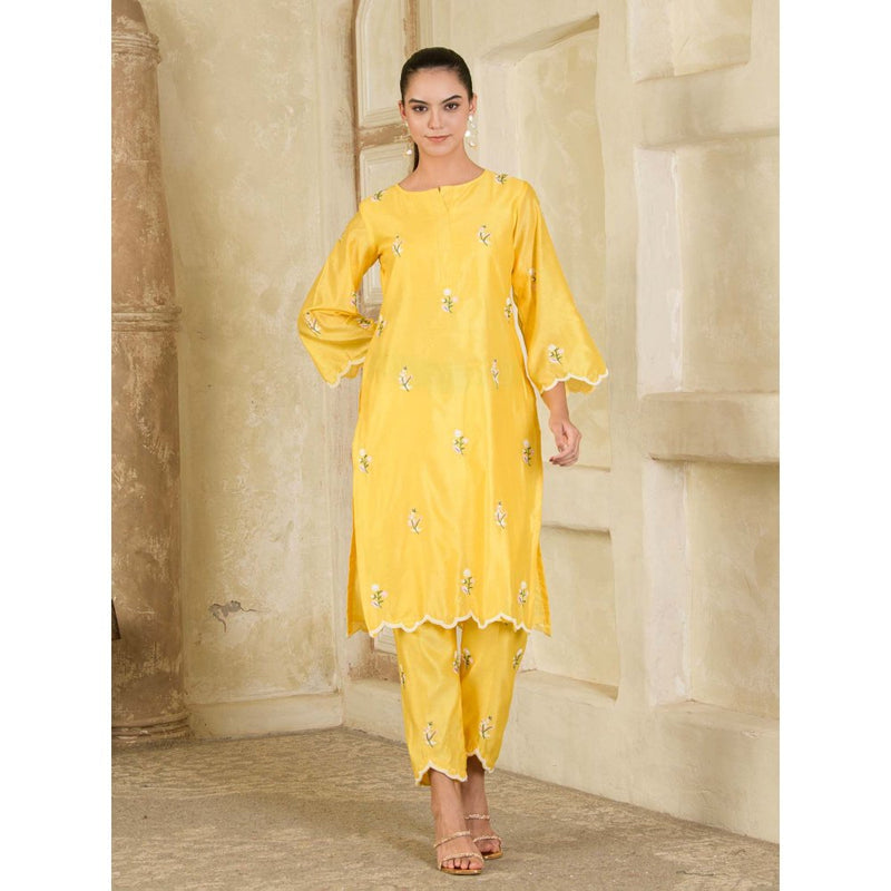 Maive Vibrant Yellow Hand Embroidered Chanderi Kurta and Pant (Set of 2)