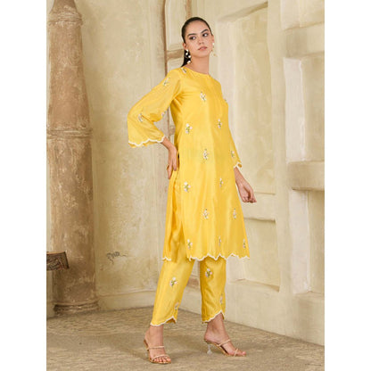 Maive Vibrant Yellow Hand Embroidered Chanderi Kurta and Pant (Set of 2)