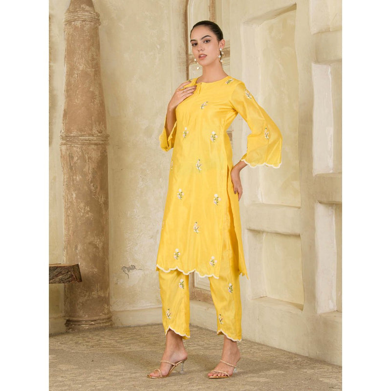 Maive Vibrant Yellow Hand Embroidered Chanderi Kurta and Pant (Set of 2)