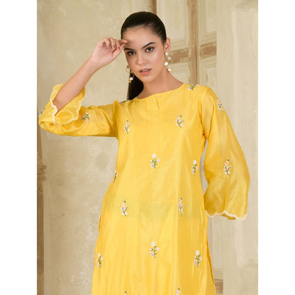 Maive Vibrant Yellow Hand Embroidered Chanderi Kurta and Pant (Set of 2)