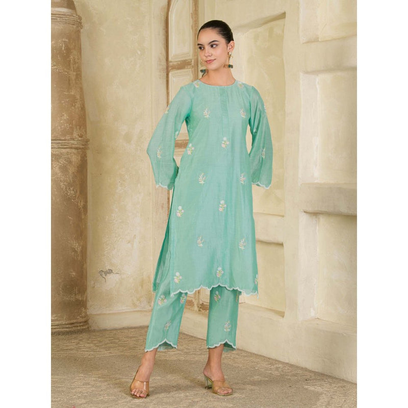 Maive Mint Green Hand Embroidered Chanderi Kurta and Pant (Set of 2)