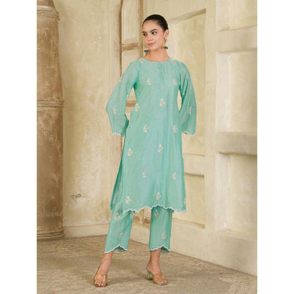 Maive Mint Green Hand Embroidered Chanderi Kurta and Pant (Set of 2)